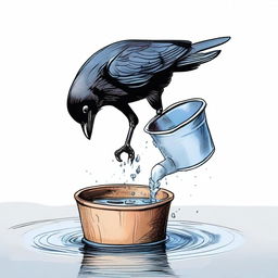 A detailed colored sketch of a crow struggling to drink water from a bucket