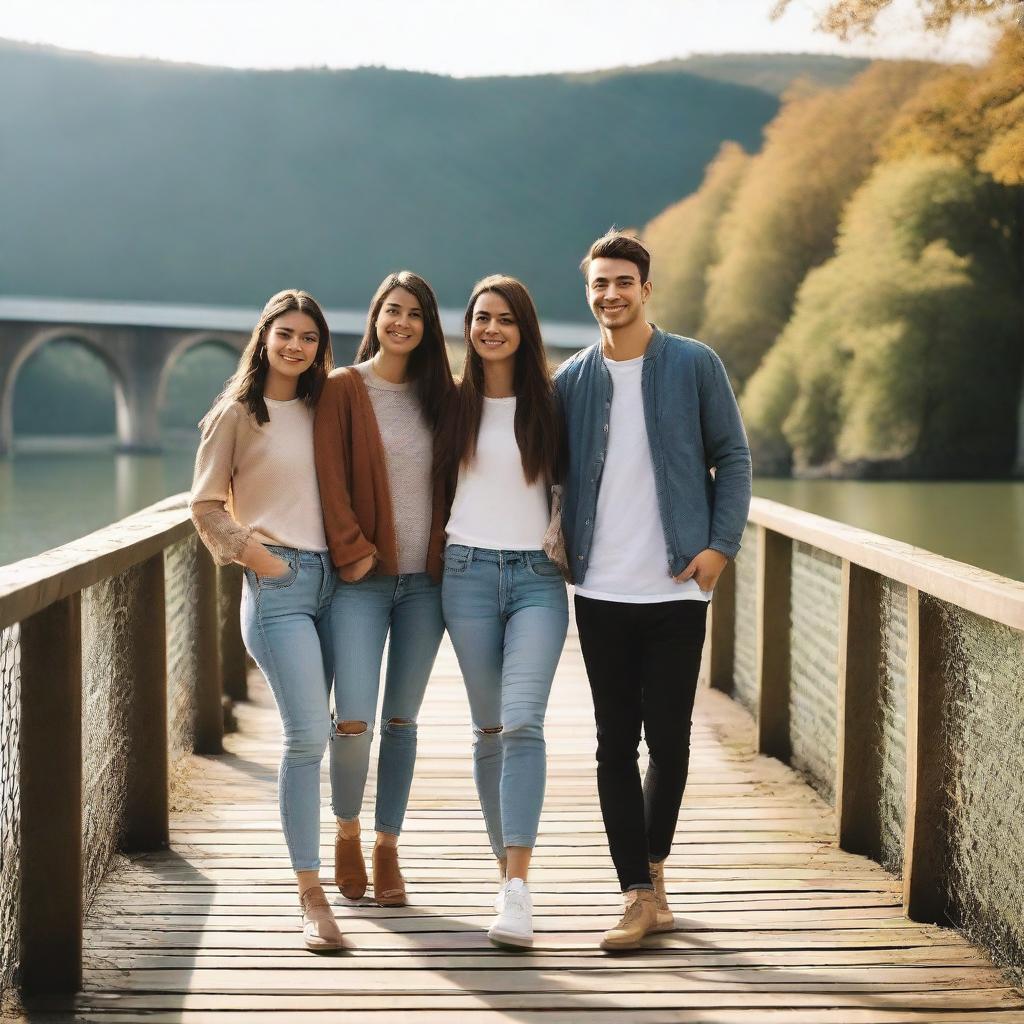 A photo showing four friends standing at one side of a bridge