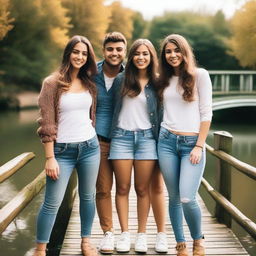 A photo showing four friends standing at one side of a bridge