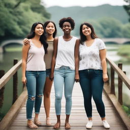 A photo showing four friends standing at one side of a bridge