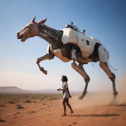 mujer subida a un rinoceronte robot gastado, medio de la estepa africana, escenario futurista, naves volando detras cielo estrellado con planetas