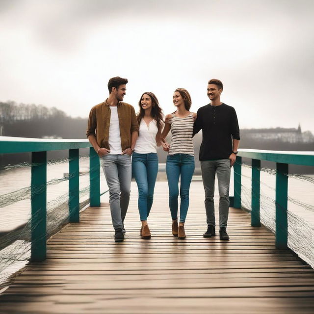 A photo showing four friends standing at one side of a bridge