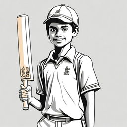 A detailed sketch of a simple boy wearing a cricket uniform and carrying a cricket bat