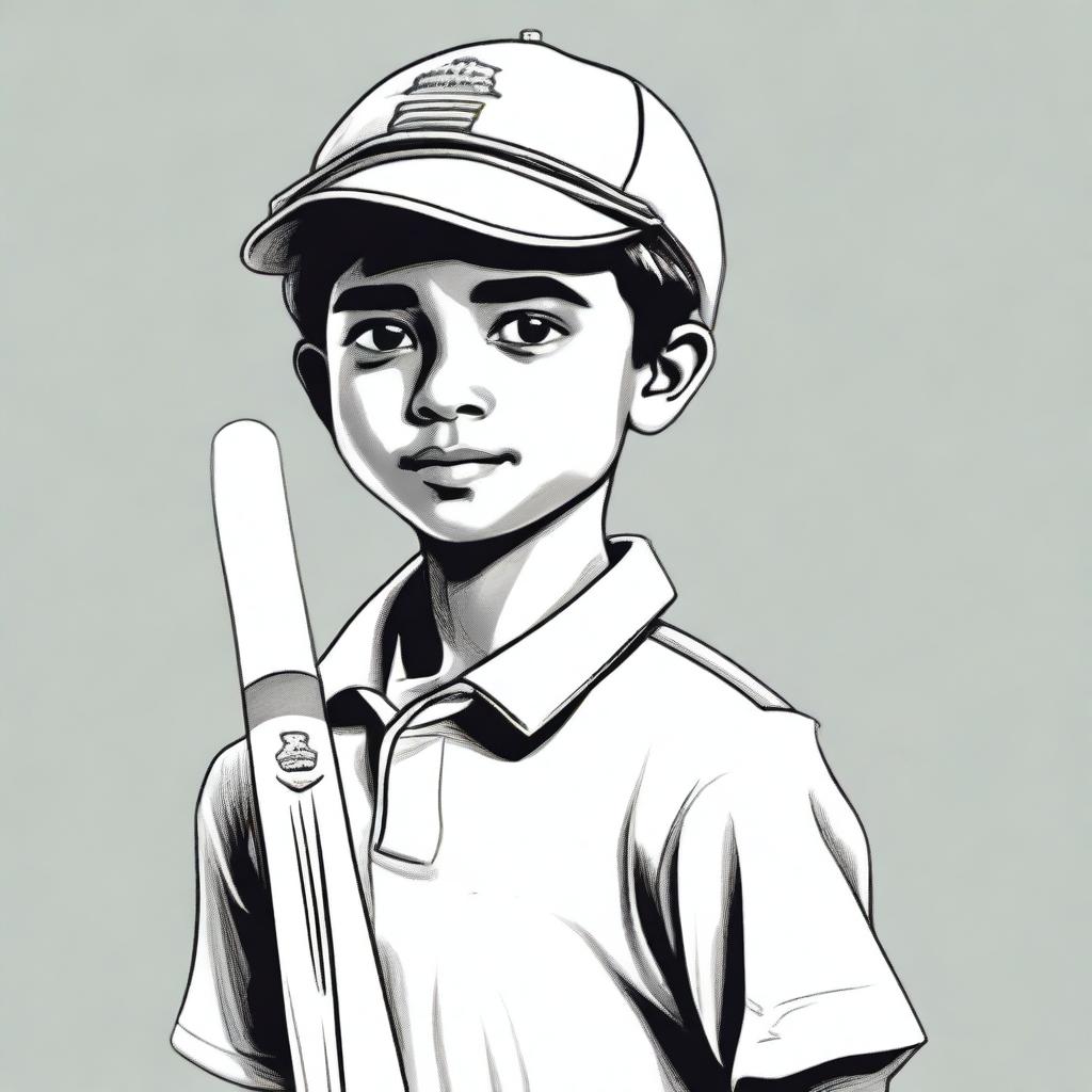 A detailed sketch of a simple boy wearing a cricket uniform and carrying a cricket bat