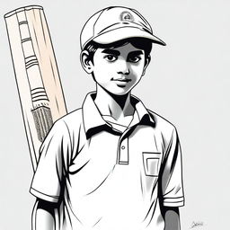 A detailed sketch of a simple boy wearing a cricket uniform and carrying a cricket bat