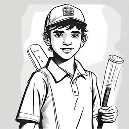 A detailed sketch of a simple boy wearing a cricket uniform and carrying a cricket bat