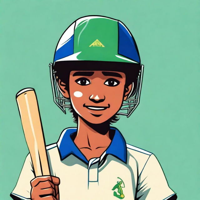 A colored drawing of a simple boy wearing a cricket uniform and carrying a cricket bat