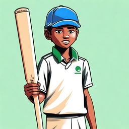 A colored drawing of a simple boy wearing a cricket uniform and carrying a cricket bat