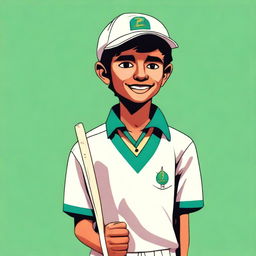 A colored drawing of a simple boy wearing a cricket uniform and carrying a cricket bat