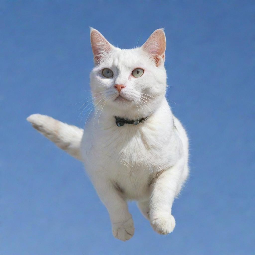 A white cat with grey spots floating in the sky