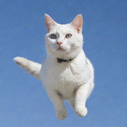 A white cat with grey spots floating in the sky