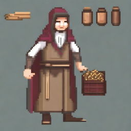 Create a pixel art character of a trader in a medieval style