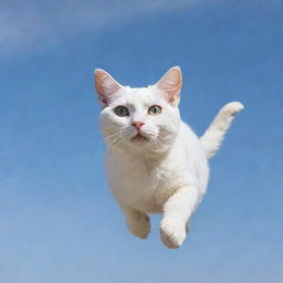 A white cat with grey spots floating in the sky