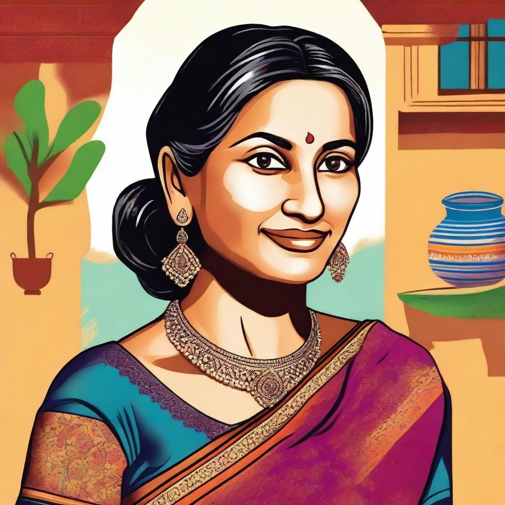 A detailed illustration of an Indian aunty wearing a traditional blouse