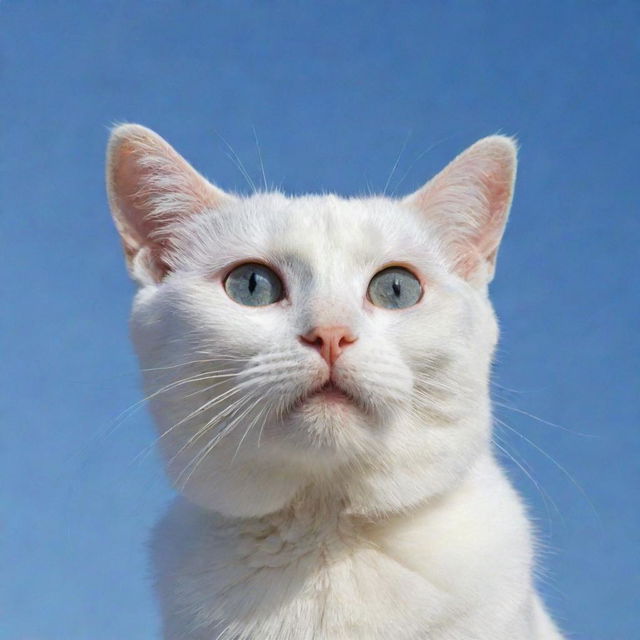 A white cat with grey spots floating in the sky