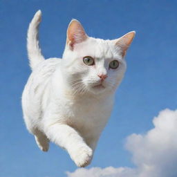 A white cat with grey spots floating in the sky