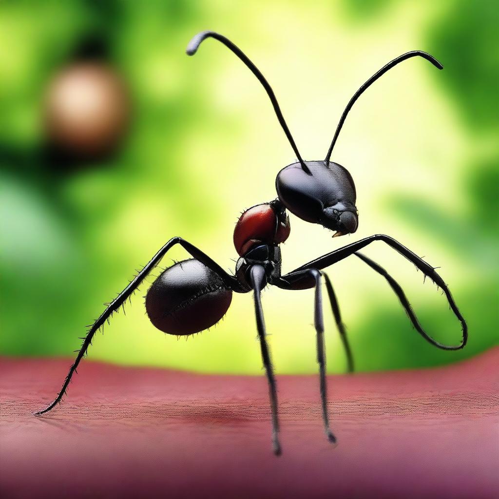 An artistic depiction of a cannibalistic ant, with a detailed background showing the ant's natural environment