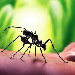 An artistic depiction of a cannibalistic ant, with a detailed background showing the ant's natural environment