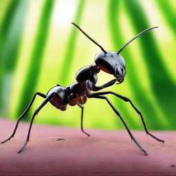 An artistic depiction of a cannibalistic ant, with a detailed background showing the ant's natural environment