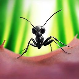 An artistic depiction of a cannibalistic ant, with a detailed background showing the ant's natural environment