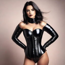 A seductive woman wearing a tight black shiny puffer corset, striking a confident pose