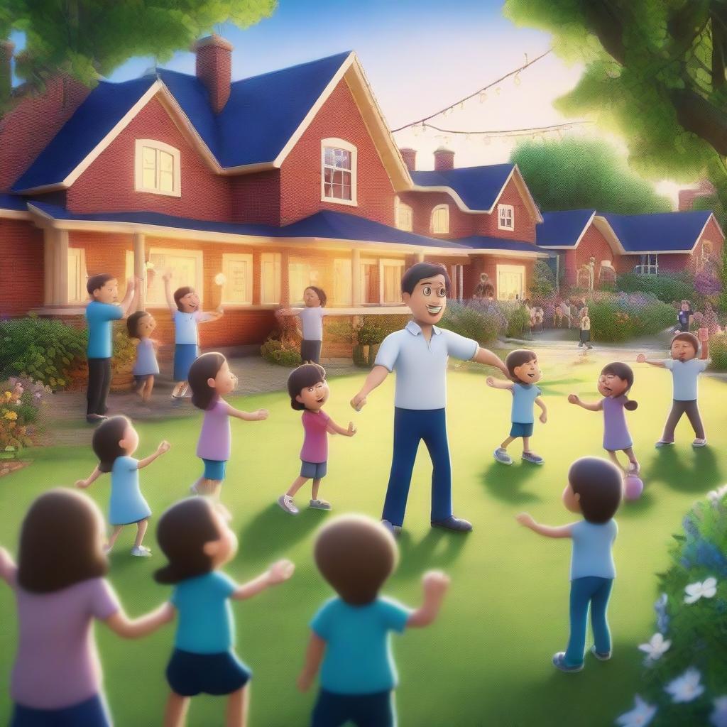 A hyper-realistic cartoon picture featuring joyful kids and teachers learning and playing in a garden in school