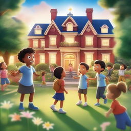 A hyper-realistic cartoon picture featuring joyful kids and teachers learning and playing in a garden in school