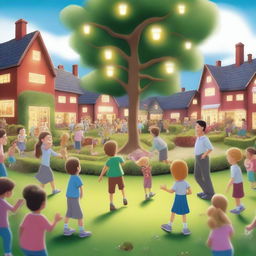 A hyper-realistic cartoon picture featuring joyful kids and teachers learning and playing in a garden in school