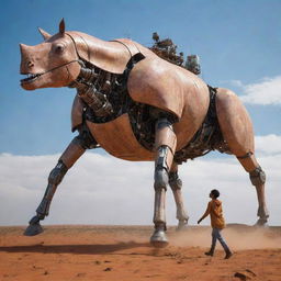 mujer subida a un rinoceronte robot gastado, medio de la estepa africana, escenario futurista, naves volando en un cielo estrellado con planetas