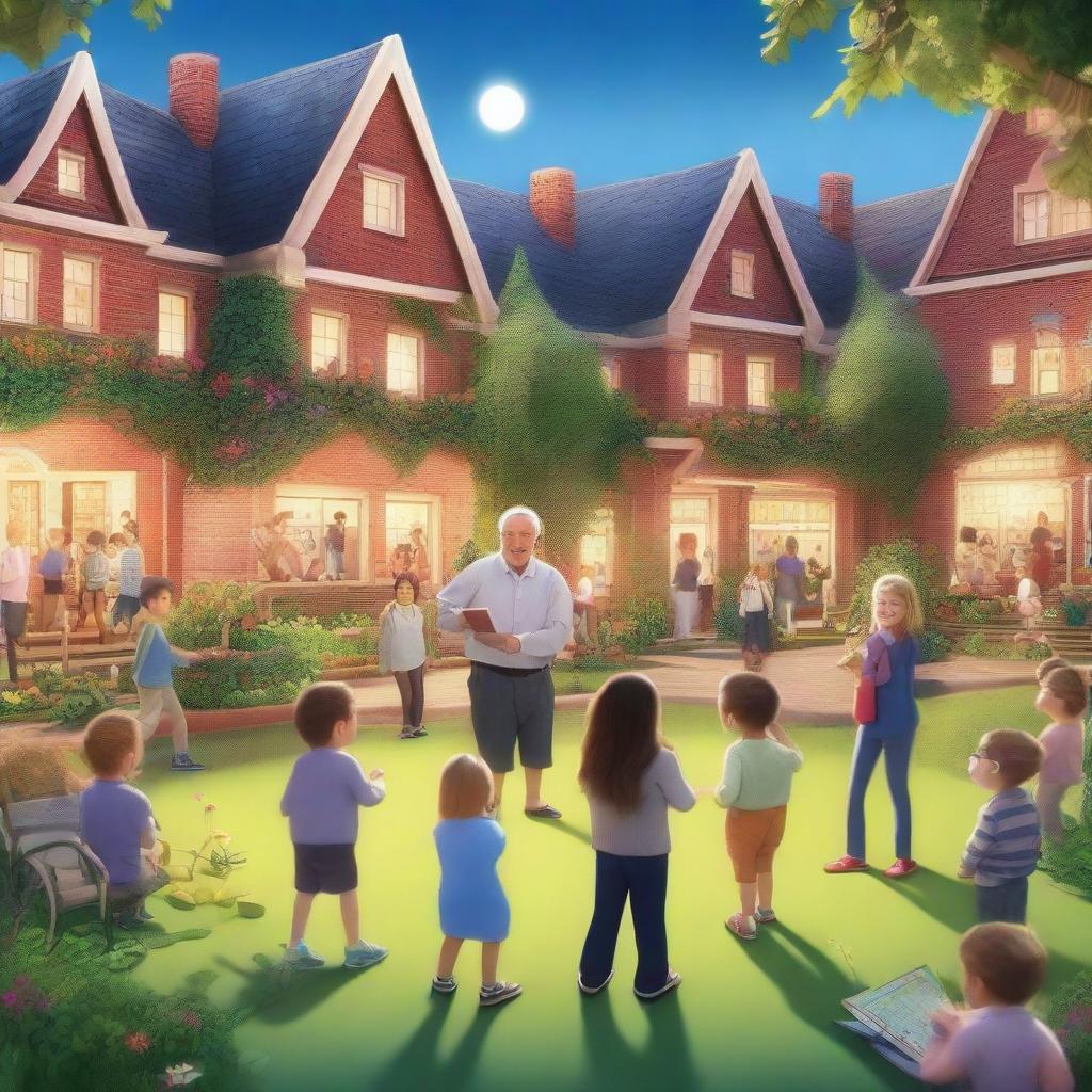 A hyper-realistic cartoon picture featuring joyful kids and teachers learning and playing in a garden in school