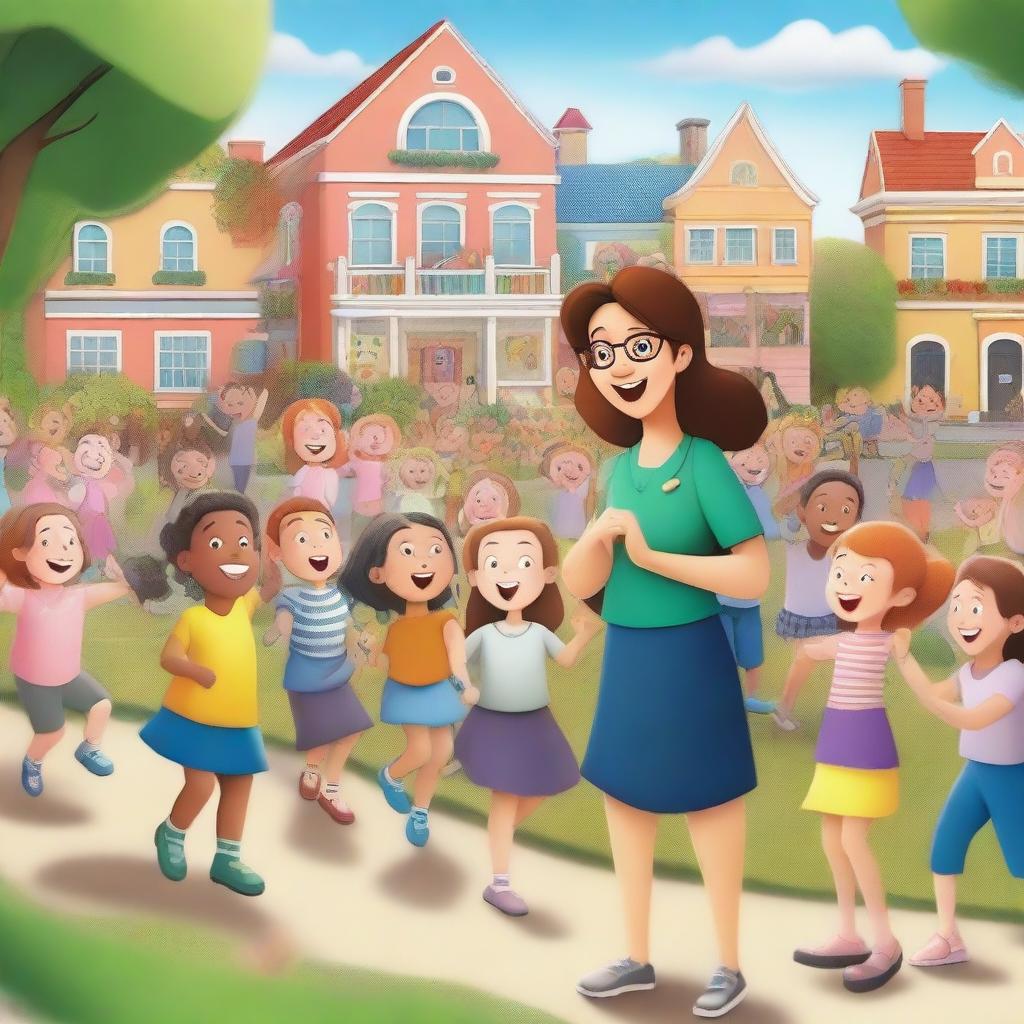 A hyper-realistic cartoon picture featuring joyful kindergarten and female teachers learning and playing in a garden in a school parade, with a cheerful teacher overseeing the scene and looking back amidst a backdrop of whimsically detailed glowing buildings and twinkling lights that bring a sense of wonder and magic