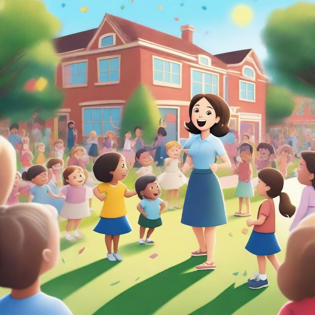 A hyper-realistic cartoon picture featuring joyful kindergarten and female teachers learning and playing in a garden in a school parade, with a cheerful teacher overseeing the scene and looking back amidst a backdrop of whimsically detailed glowing buildings and twinkling lights that bring a sense of wonder and magic