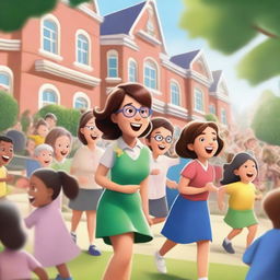 A hyper-realistic cartoon picture featuring joyful kindergarten and female teachers learning and playing in a garden in a school parade, with a cheerful teacher overseeing the scene and looking back amidst a backdrop of whimsically detailed glowing buildings and twinkling lights that bring a sense of wonder and magic