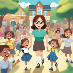 A hyper-realistic cartoon picture featuring joyful kindergarten and female teachers learning and playing in a garden in a school parade, with a cheerful teacher overseeing the scene and looking back amidst a backdrop of whimsically detailed glowing buildings and twinkling lights that bring a sense of wonder and magic