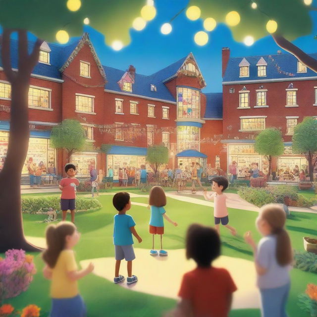 A hyper-realistic cartoon picture featuring joyful kids and teachers learning and playing in a garden in school, with a cheerful teacher overseeing the scene and looking back amidst a backdrop of whimsically detailed glowing buildings and twinkling lights that bring a sense of wonder and magic