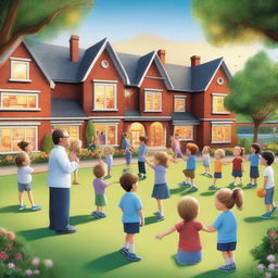 A hyper-realistic cartoon picture featuring joyful kids and teachers learning and playing in a garden in school, with a cheerful teacher overseeing the scene and looking back amidst a backdrop of whimsically detailed glowing buildings and twinkling lights that bring a sense of wonder and magic