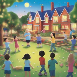 A hyper-realistic cartoon picture featuring joyful kids and teachers learning and playing in a garden in school, with a cheerful teacher overseeing the scene and looking back amidst a backdrop of whimsically detailed glowing buildings and twinkling lights that bring a sense of wonder and magic