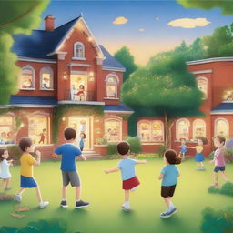 A hyper-realistic cartoon picture featuring joyful kids and teachers learning and playing in a garden in school, with a cheerful teacher overseeing the scene and looking back amidst a backdrop of whimsically detailed glowing buildings and twinkling lights that bring a sense of wonder and magic