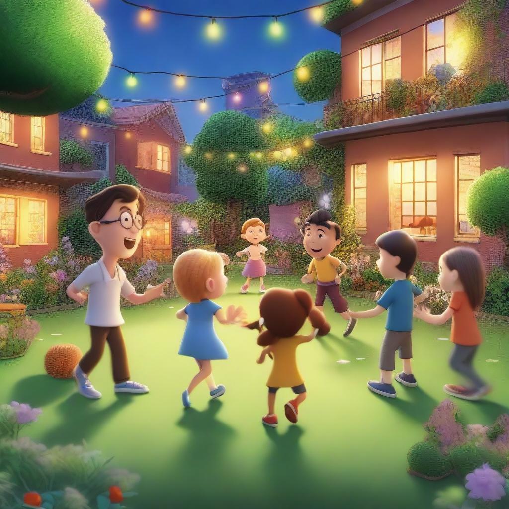 A hyper-realistic cartoon picture featuring joyful kids and teachers learning and playing in a garden in school, with a cheerful teacher overseeing the scene and looking back amidst a backdrop of whimsically detailed glowing buildings and twinkling lights that bring a sense of wonder and magic