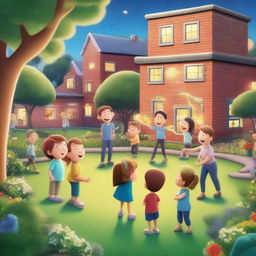 A hyper-realistic cartoon picture featuring joyful kids and teachers learning and playing in a garden in school, with a cheerful teacher overseeing the scene and looking back amidst a backdrop of whimsically detailed glowing buildings and twinkling lights that bring a sense of wonder and magic