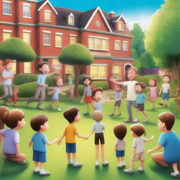 A hyper-realistic cartoon picture featuring joyful kids and teachers learning and playing in a garden in school, with a cheerful teacher overseeing the scene and looking back amidst a backdrop of whimsically detailed glowing buildings and twinkling lights that bring a sense of wonder and magic