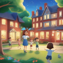 A hyper-realistic cartoon picture featuring joyful kids and teachers learning and playing in a garden in school, with a cheerful teacher overseeing the scene and looking back amidst a backdrop of whimsically detailed glowing buildings and twinkling lights that bring a sense of wonder and magic