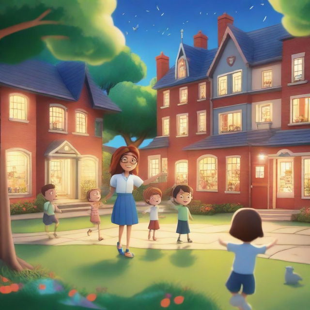 A hyper-realistic cartoon picture featuring joyful kids and teachers learning and playing in a garden in school, with a cheerful teacher overseeing the scene and looking back amidst a backdrop of whimsically detailed glowing buildings and twinkling lights that bring a sense of wonder and magic