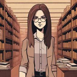 A female librarian with long, unkempt hair is standing in a dimly lit library