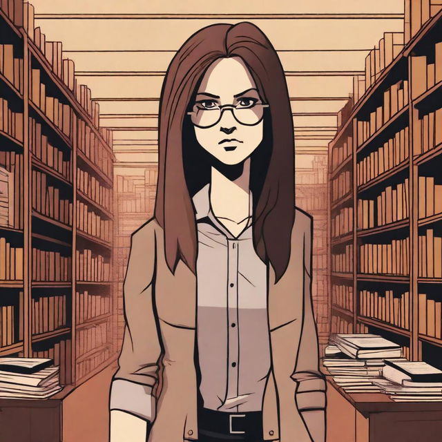 A female librarian with long, unkempt hair is standing in a dimly lit library