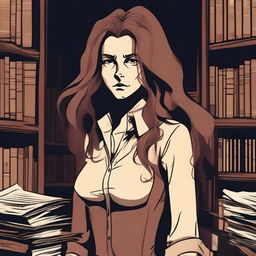 A female librarian with long, unkempt hair is standing in a dimly lit library