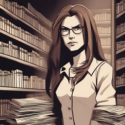 A female librarian with long, unkempt hair is standing in a dimly lit library