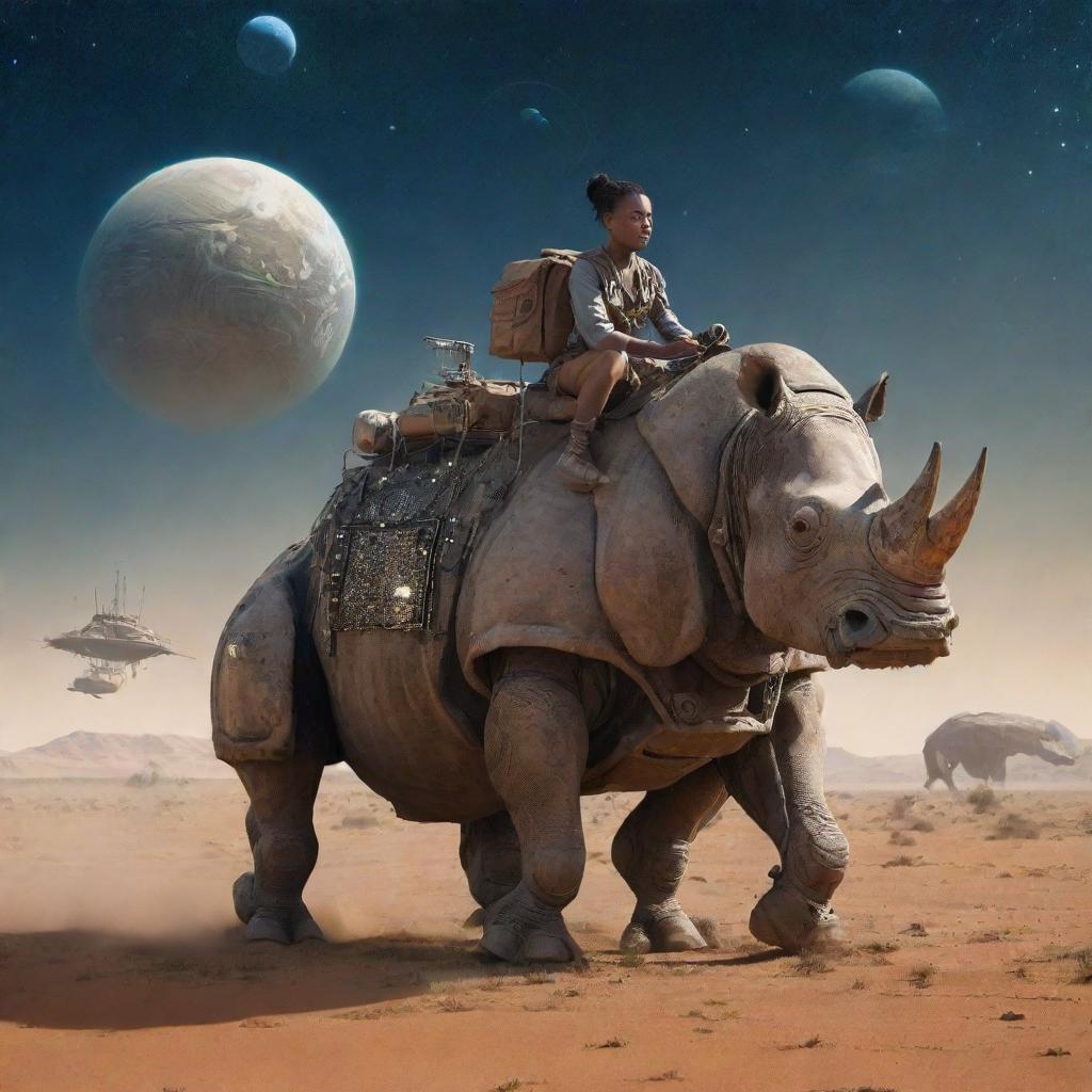 woman riding a worn robot rhinoceros, middle of the African steppe, futuristic setting, ships flying in a starry sky with planets
