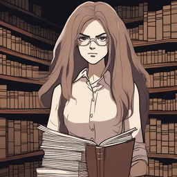 A female librarian with long, unkempt hair is standing in a dimly lit library