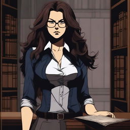 A sexy female librarian with long, unkempt hair looking angry